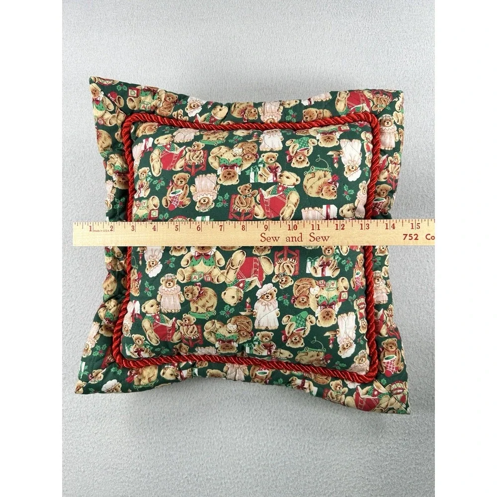 VTG Teddy Bear Christmas Square Throw Pillow Quilted Handmade 14